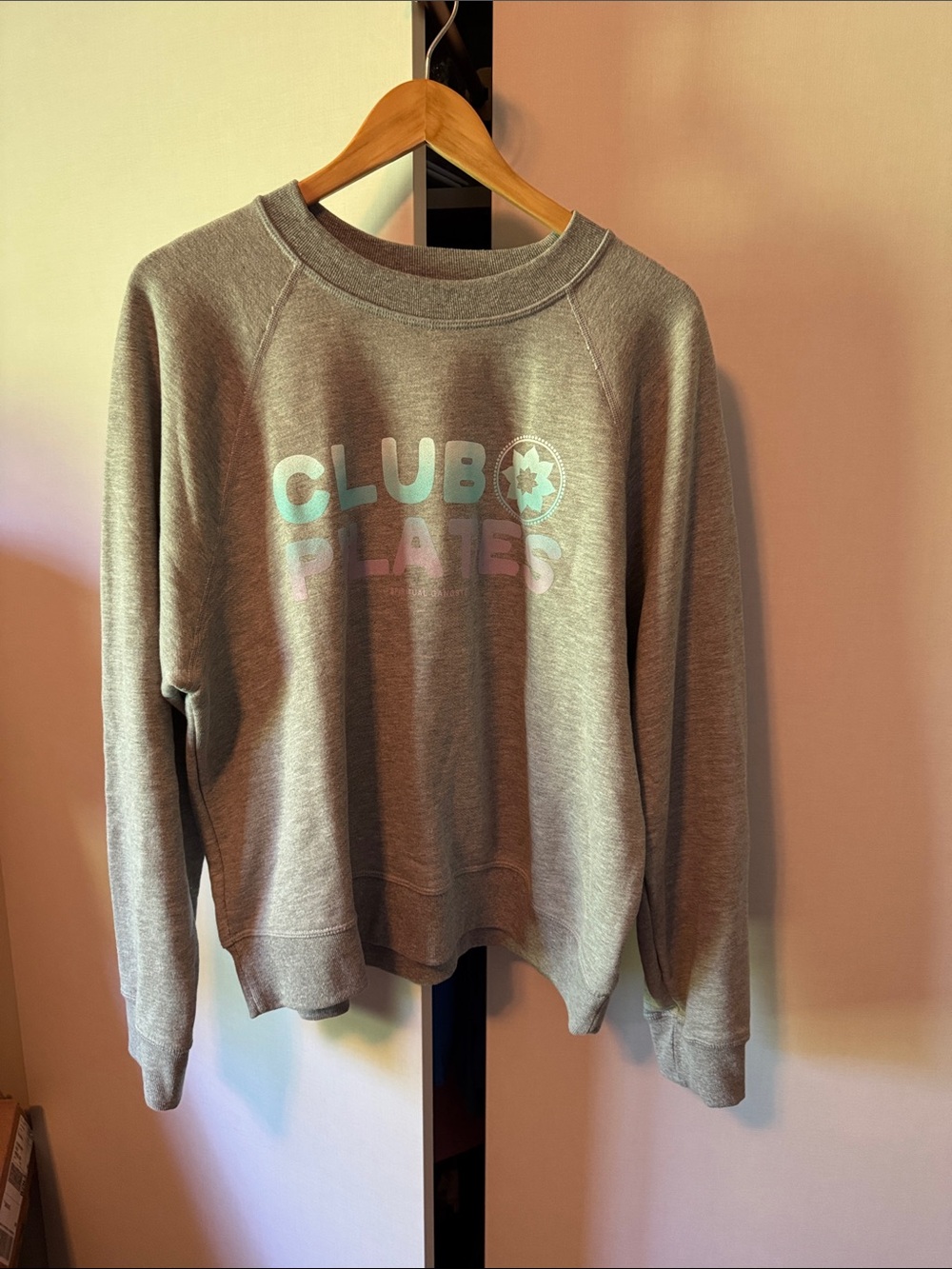 Spiritual Gangster Pilates Glow Warm Up Grey Sweatshirt w Teal and Lavender Logo
